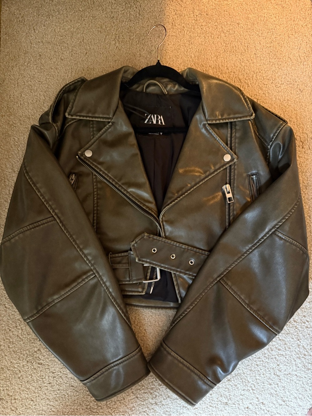 ZARA Metallic Olive Faux Leather Moto Jacket